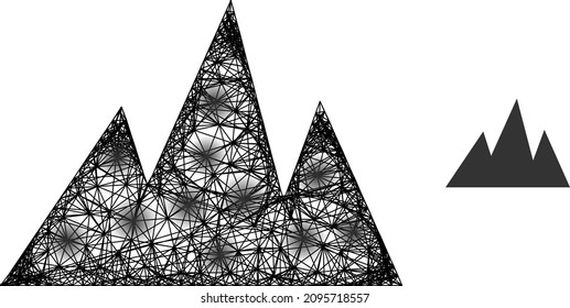 Vector wire frame mountains icon with spots. Geometric wire frame flat network based on mountains icon, generated with crossed lines, with round spots.