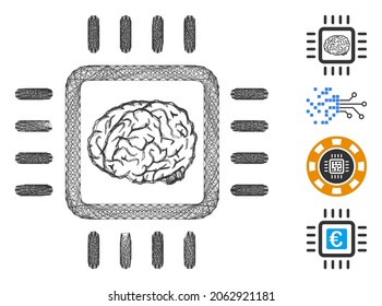 Vector wire frame neural chip. Geometric wire frame flat network generated with neural chip icon, designed with intersected lines. Some bonus icons are added.