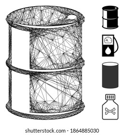 Vector wire frame oil barrel. Geometric linear frame 2D network generated with oil barrel icon, designed with crossed lines. Some bonus icons are added.