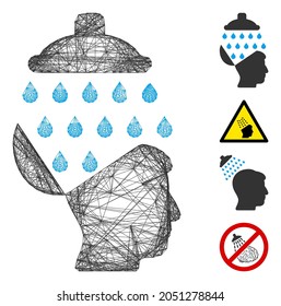 El marco del vector abre la ducha cerebral. Red 2D de marco geométrico de alambre hecha de un icono de ducha cerebral abierta, diseñada con líneas interconectadas. Se añaden algunos iconos adicionales.