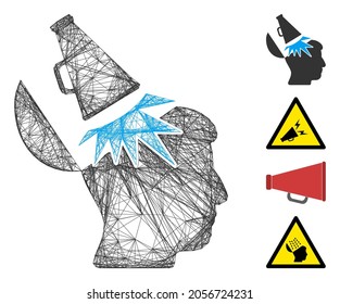 Vector wire frame open mind megaphone. Geometric wire frame flat net generated with open mind megaphone icon, designed from intersected lines. Some bonus icons are added.