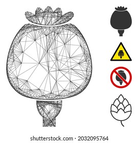Vektor-Draht-Opiummohn. Geometrisches Drahtnetz 2D, erzeugt mit Opiummohn-Symbol, konstruiert mit Kreuzlinien. Es werden einige Bonussymbole hinzugefügt.