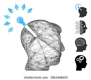 Vector wire frame optical neural interface. Geometric wire frame flat network generated with optical neural interface icon, designed from crossed lines. Some bonus icons are added.