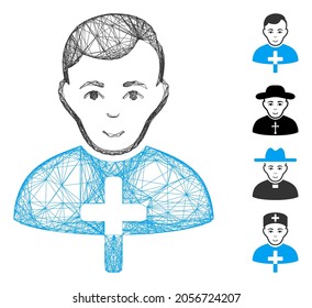 Vektordrahtrahmen Orthodoxe Priester. Geometrisches Flachnetz mit linearem Rahmen, erzeugt mit Orthodoxem Priestsymbol, entworfen mit Kreuzlinien. Es werden einige Bonussymbole hinzugefügt.