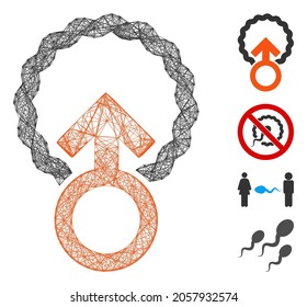 Penetración del óvulo del marco del vector. Red 2D generada con un icono de penetración de óvulo, diseñada con líneas de cruce. Se añaden algunos iconos adicionales.