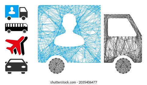 Vector wire frame passenger transport van. Geometric wire frame 2D net generated with passenger transport van icon, designed with intersected lines. Some bonus icons are added.