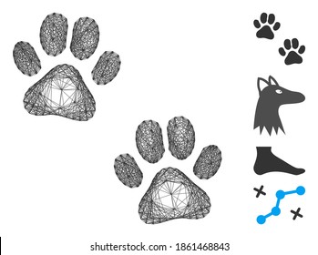 Vector wire frame paw footprints. Geometric hatched frame 2D network made from paw footprints icon, designed from crossing lines. Some bonus icons are added.