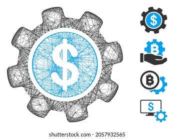 Vector wire frame payment options gear. Geometric wire carcass flat network made from payment options gear icon, designed from intersected lines. Some bonus icons are added.