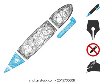 Vector wire frame pen. Geometric wire frame flat net generated with pen icon, designed with crossed lines. Some bonus icons are added.