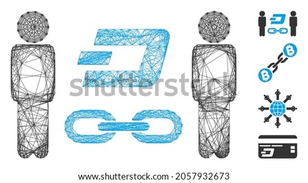 Vector wire frame people Dash blockchain. Geometric linear frame 2D network generated with people Dash blockchain icon, designed with crossing lines. Some bonus icons are added.