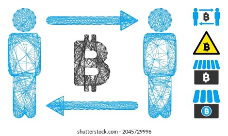 Vector wire frame people exchange Bitcoin. Geometric linear frame flat network made from people exchange Bitcoin icon, designed from crossing lines. Some bonus icons are added.