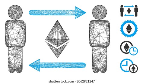 Vector Wire Frame People Exchange Ethereum Crystal. Geometric Wire Frame Flat Network Made From People Exchange Ethereum Crystal Icon, Designed With Intersected Lines. Some Bonus Icons Are Added.