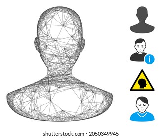 Persona del marco de alambre de vectores. Red 2D de marco con trama geométrica hecha a partir de un icono de persona, diseñada a partir de líneas de cruce. Se agregan algunos iconos adicionales.
