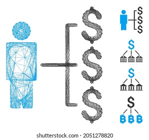 Vector wire frame person payments. Geometric wire carcass 2D network generated with person payments icon, designed with crossed lines. Some bonus icons are added.