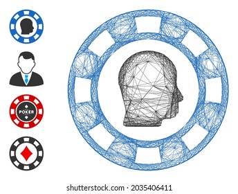 Vector wire frame personal casino chip. Geometric wire frame 2D net made from personal casino chip icon, designed from crossed lines. Some bonus icons are added.