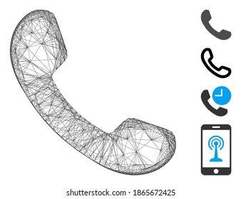 Vector wire frame phone receiver. Geometric wire carcass 2D net generated with phone receiver icon, designed with crossing lines. Some bonus icons are added.