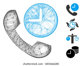 Tiempo de teléfono del marco de cable del vector. Red plana de armazón geométrico de alambre basada en el icono de hora del teléfono, diseñada a partir de líneas cruzadas. Se añaden algunos iconos adicionales.