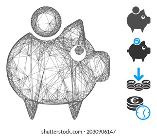 Vector wire frame piggy bank. Geometric wire frame 2D net based on piggy bank icon, designed with crossing lines. Some bonus icons are added.