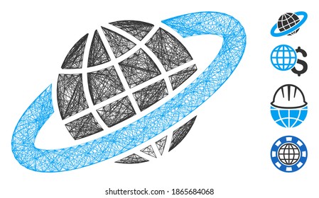 Planetenring für Vektordrahmen Geometrisches Schraffur 2D Netzwerk basierend auf planetarischem Ringsymbol, entworfen mit gekreuzten Linien. Es werden einige Bonussymbole hinzugefügt.