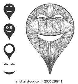 Vector wire frame pleasure smiley map marker. Geometric wire frame 2D net made from pleasure smiley map marker icon, designed with intersected lines. Some bonus icons are added.