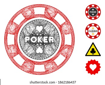 Chip de casino de póquer con marco de alambre de vectores. Red geométrica de malla de alambre 2D basada en el icono de chip del casino de póker, diseñado a partir de líneas cruzadas. Se añaden algunos iconos adicionales.