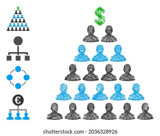 Vector wire frame Ponzi pyramid scheme. Geometric linear frame flat net generated with Ponzi pyramid scheme icon, designed with intersected lines. Some bonus icons are added.