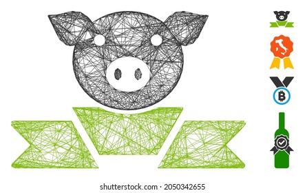 Vector wire frame pork award ribbon. Geometric wire frame 2D net based on pork award ribbon icon, designed with crossing lines. Some similar icons are added.