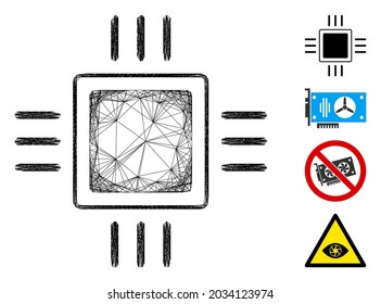 Vector wire frame processor. Geometric wire frame flat net made from processor icon, designed from crossing lines. Some bonus icons are added.