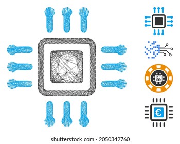 Vector wire frame processor. Geometric wire carcass flat network made from processor icon, designed from intersected lines. Some other icons are added.