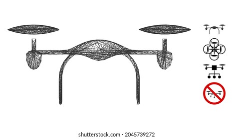 Vector wire frame quadcopter. Geometric wire frame flat network made from quadcopter icon, designed with crossed lines. Some bonus icons are added.