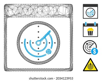 Vector wire frame radar calendar page. Geometric linear frame 2D net generated with radar calendar page icon, designed with crossing lines. Some bonus icons are added.