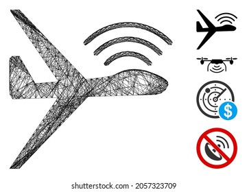Vector wire frame radio control uav. Geometric wire frame flat network generated with radio control uav icon, designed from crossed lines. Some bonus icons are added.