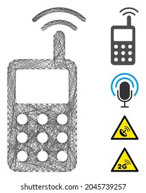 Vector wire frame radio transmitter signal. Geometric hatched frame flat net generated with radio transmitter signal icon, designed with intersected lines. Some bonus icons are added.