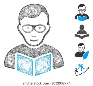 Vector wire frame reader student. Geometric wire frame 2D network based on reader student icon, designed with crossing lines. Some bonus icons are added.