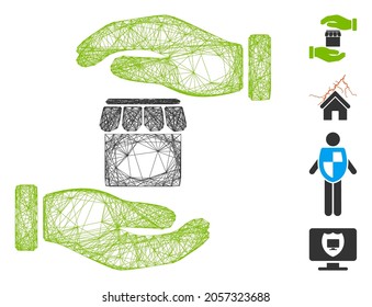 El vector enmarca las manos del seguro inmobiliario. Red de alambre geométrico de red plana generada con el icono de las manos del seguro inmobiliario, diseñado a partir de líneas de cruce. Se añaden algunos iconos adicionales.