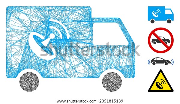 Vector wire frame remote control\
van. Geometric wire frame 2D net made from remote control van icon,\
designed with crossed lines. Some bonus icons are\
added.