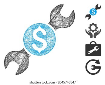 Vector wire frame repair cost. Geometric hatched frame 2D net generated with repair cost icon, designed with crossing lines. Some bonus icons are added.