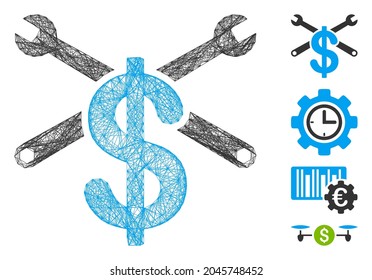 Vector wire frame repair service price. Geometric hatched frame 2D network made from repair service price icon, designed from crossing lines. Some bonus icons are added.