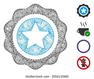 Sello de recompensa del marco del vector. Red 2D del marco geométrico de alambre basado en un icono de sello de recompensa, diseñado con líneas de cruce. Se añaden algunos iconos adicionales.