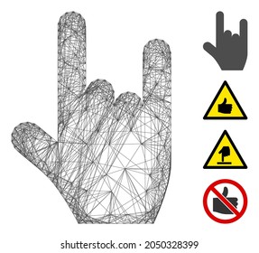 Vector wire frame rock gesture. Geometric wire frame 2D net made from rock gesture icon, designed from crossed lines. Some additional icons are added.