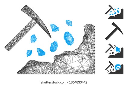 Vector wire frame rock mining hammer. Geometric wire carcass flat net made from rock mining hammer icon, designed from intersected lines. Some bonus icons are added.