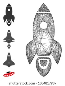 Vector wire frame rocket. Geometric hatched frame flat net made from rocket icon, designed from crossed lines. Some bonus icons are added.