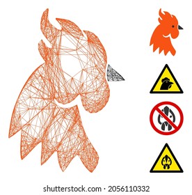 Vector wire frame rooster head. Geometric wire frame 2D net made from rooster head icon, designed with intersected lines. Some bonus icons are added.