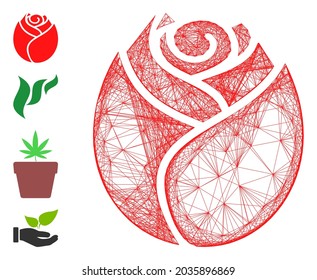 Vector wire frame rose button. Geometric wire frame flat network generated with rose button icon, designed with crossing lines. Some bonus icons are added.
