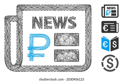 Vector wire frame rouble financial news. Geometric wire frame 2D network made from rouble financial news icon, designed with crossed lines. Some bonus icons are added.