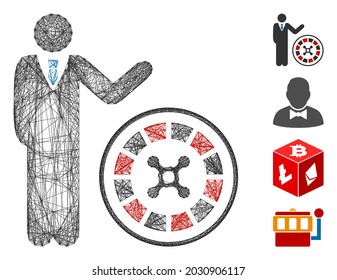 Vector wire frame roulette croupier. Geometric linear frame flat network made from roulette croupier icon, designed from crossed lines. Some bonus icons are added.