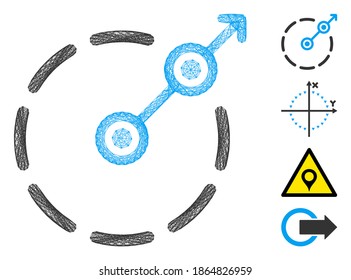 Vector wire frame round area exit. Geometric wire carcass flat net made from round area exit icon, designed from crossing lines. Some bonus icons are added.