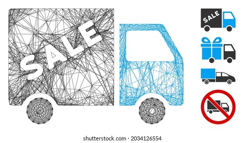 furgoneta de venta de alambre de vectores. Red 2D de marco con trama geométrica generada con icono de furgoneta de venta, diseñada con líneas cruzadas. Se añaden algunos iconos adicionales.