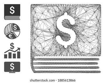 Libro de ventas del cuadro de alambre de vectores. Red 2D de marco geométrico de alambre basado en el icono de libro de ventas, diseñado a partir de líneas cruzadas. Se añaden algunos iconos adicionales.