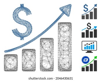 Vector wire frame sales growth chart. Geometric wire frame flat net made from sales growth chart icon, designed from intersected lines. Some similar icons are added.